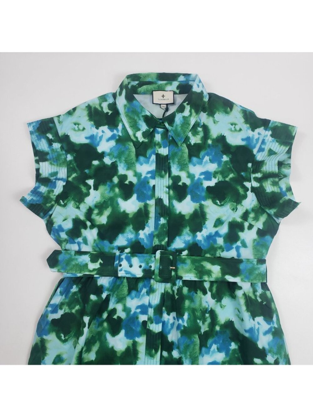 Tuckernuck Chloe Dress Women XXL Deep Lagoon Abstract Watercolor Belted Midi NWT - Picture 14 of 16